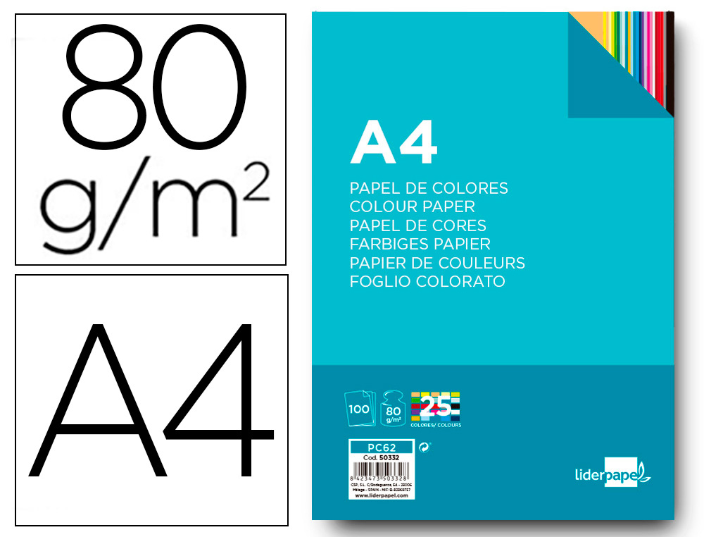 [50332] Papel color liderpapel a4 80gr 25 colores surtidos paquete de 100 hojas