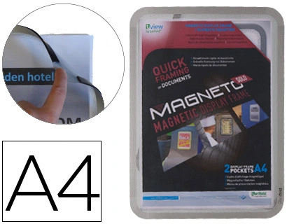[76185] Marco porta anuncios djois magneto din a4 con 4 bandas magneticas en el dorso color plata pack de 2 unidades