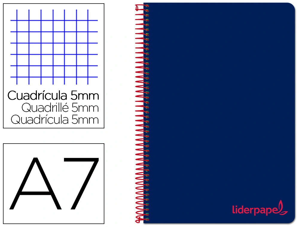 [8927] Cuaderno espiral liderpapel a7 micro wonder tapa plastico 100h 90 gr cuadro 5mm 4 bandas color azul marino