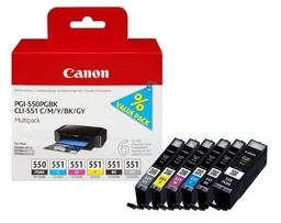 [6496B005] Canon PGI550/CLI551 Pack de 6 Cartuchos de Tinta Originales - 6496B005 (1x 300 Páginas / 5x 7 ml)