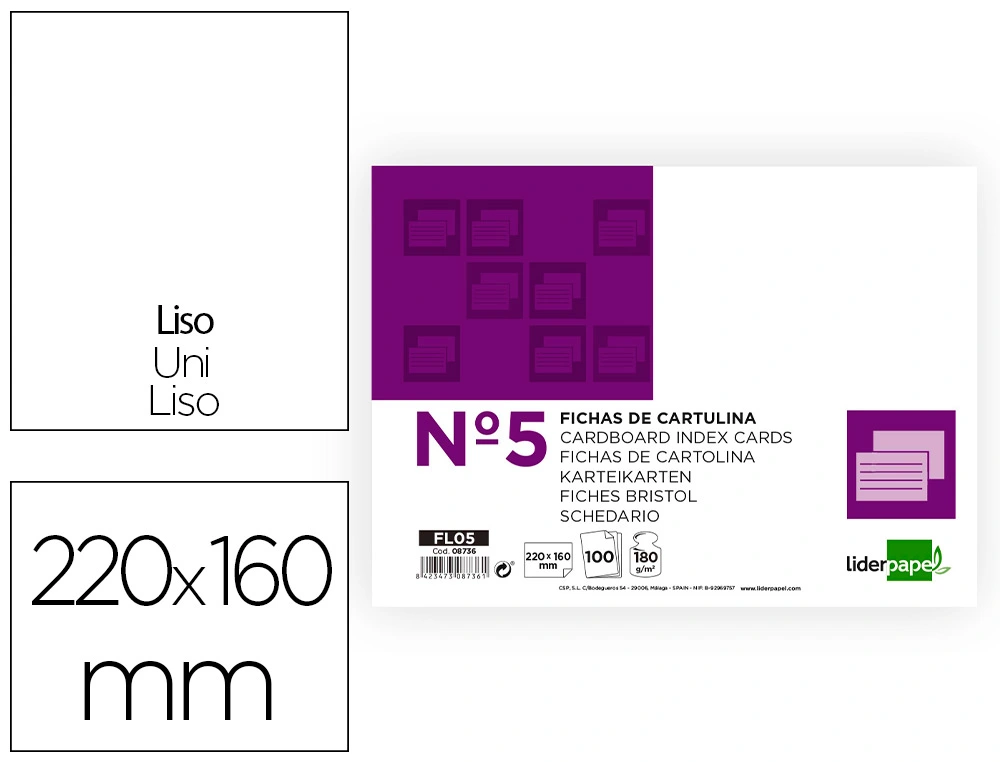 Ficha liderpapel lisa nº5 160x220mm 180gr paquete de 100 unidades