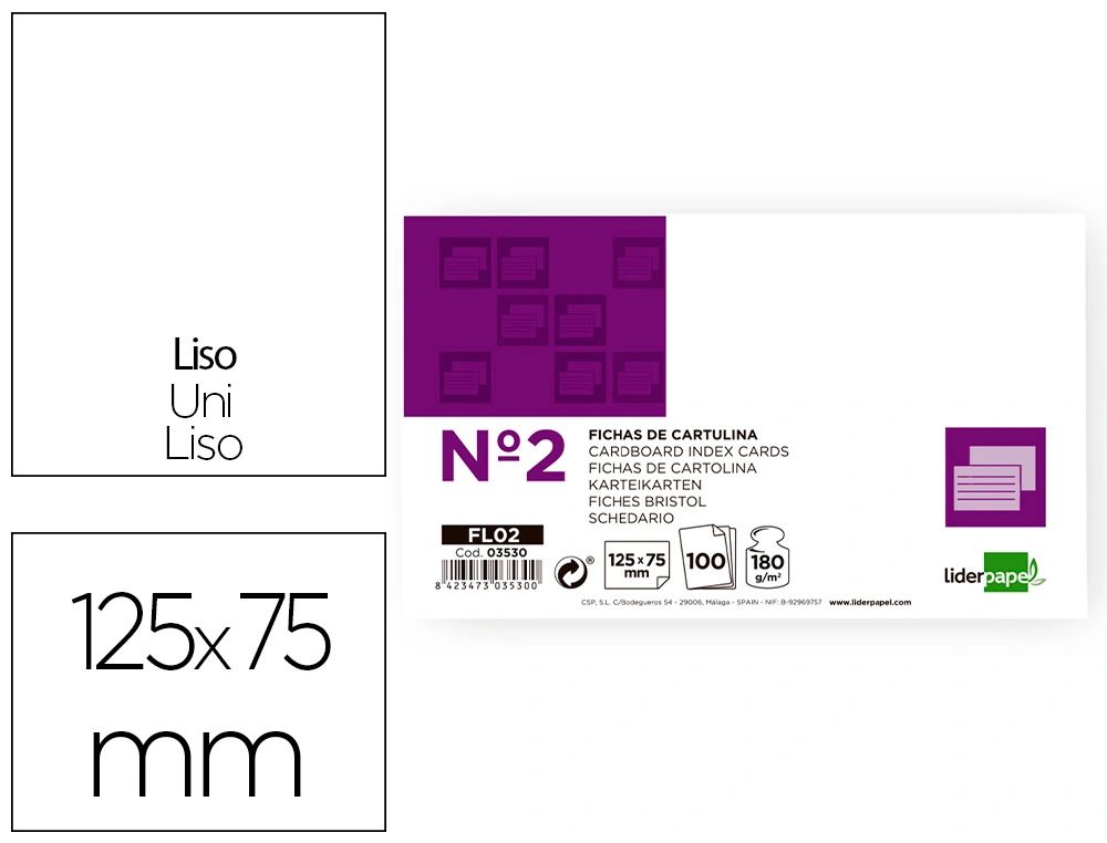 Ficha liderpapel lisa nº2 75x125mm 180gr paquete de 100 unidades