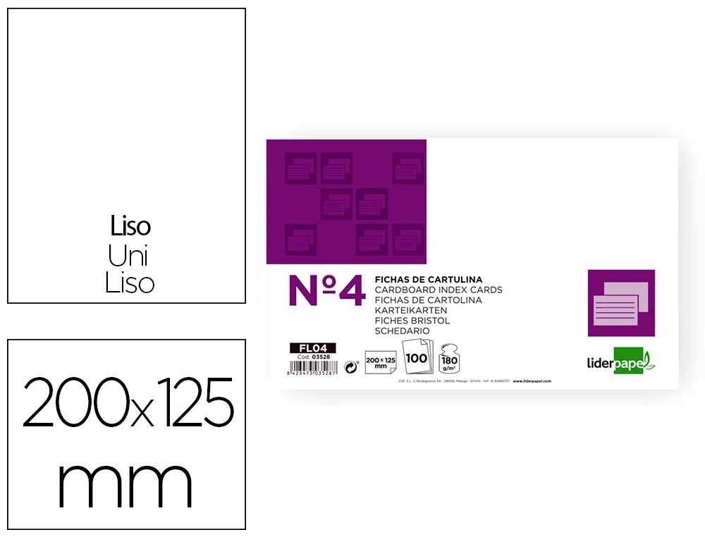 Ficha liderpapel lisa nº4 125x200mm 180gr paquete de 100 unidades