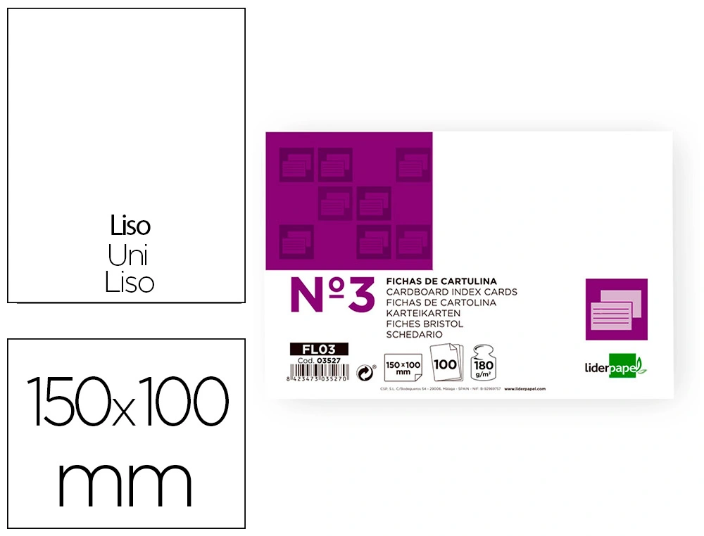 Ficha liderpapel lisa nº3 100x150mm 180 gr paquete de 100 unidades