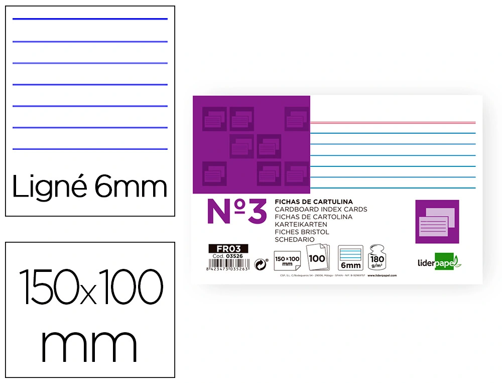 Ficha liderpapel rayada nº3 100x150 mm 180gr paquete de 100 unidades