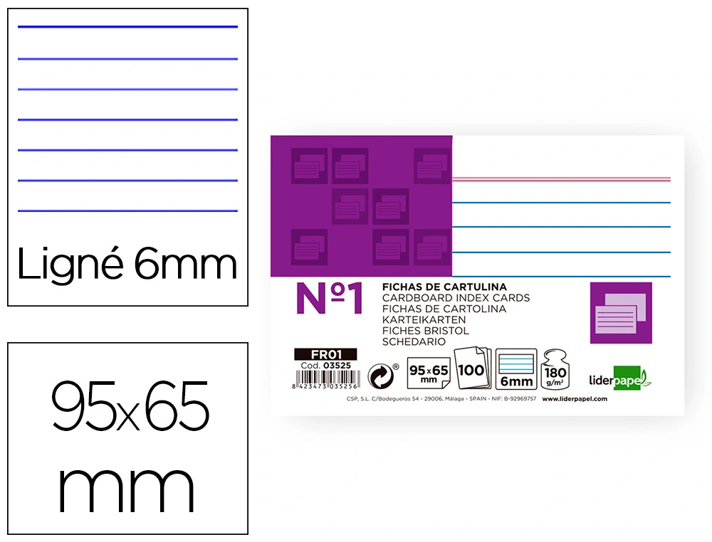 Ficha liderpapel rayada nº1 65x95 mm 180gr paquete de 100 unidades