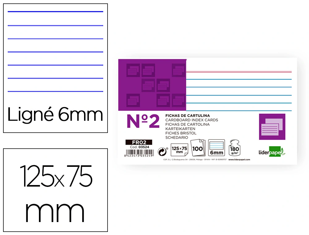 Ficha liderpapel rayada nº2 75x125 mm 180gr paquete de 100 unidades