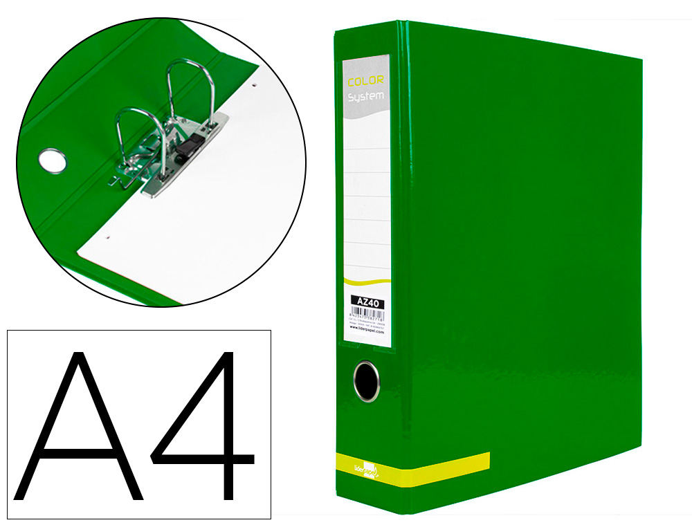 [38271] Archivador de palanca liderpapel a4 color system forrado sin rado lomo 80mm verde compresor metalico