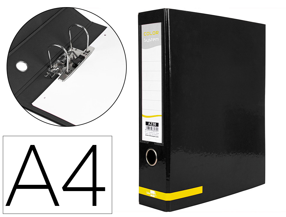 [38270] Archivador de palanca liderpapel a4 color system forrado sin rado lomo 80mm negro compresor metalico