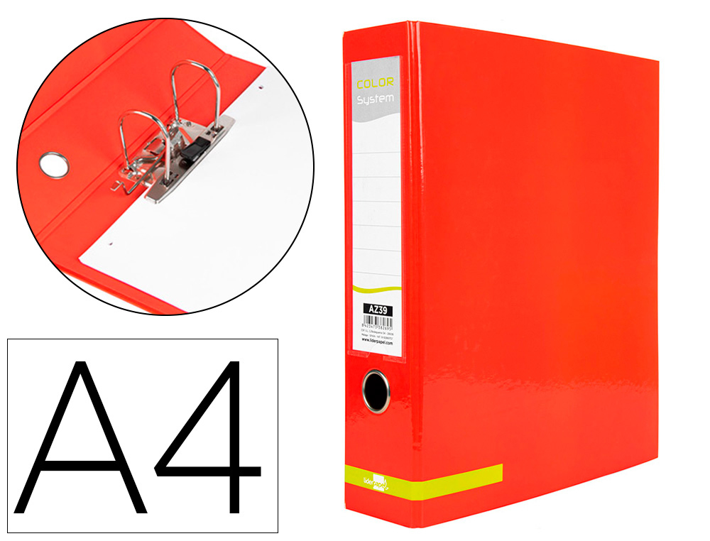 [38269] Archivador de palanca liderpapel a4 color system forrado sin rado lomo 80mm rojo compresor metalico
