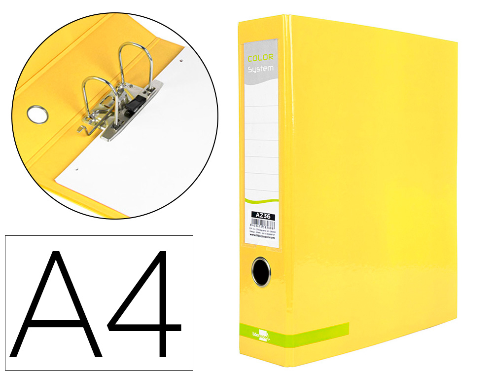[38268] Archivador de palanca liderpapel a4 color system forrado sin rado lomo 80mm amarillo compresor metalico