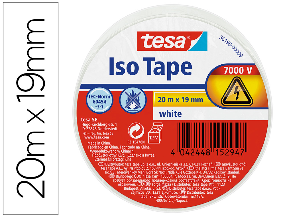 [160536] Cinta adhesiva aislante tesa 20 mt x 19 mm color blanco