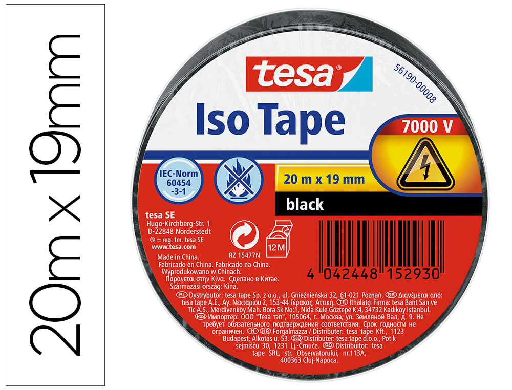 [160535] Cinta adhesiva aislante tesa 20 mt x 19 mm color negro