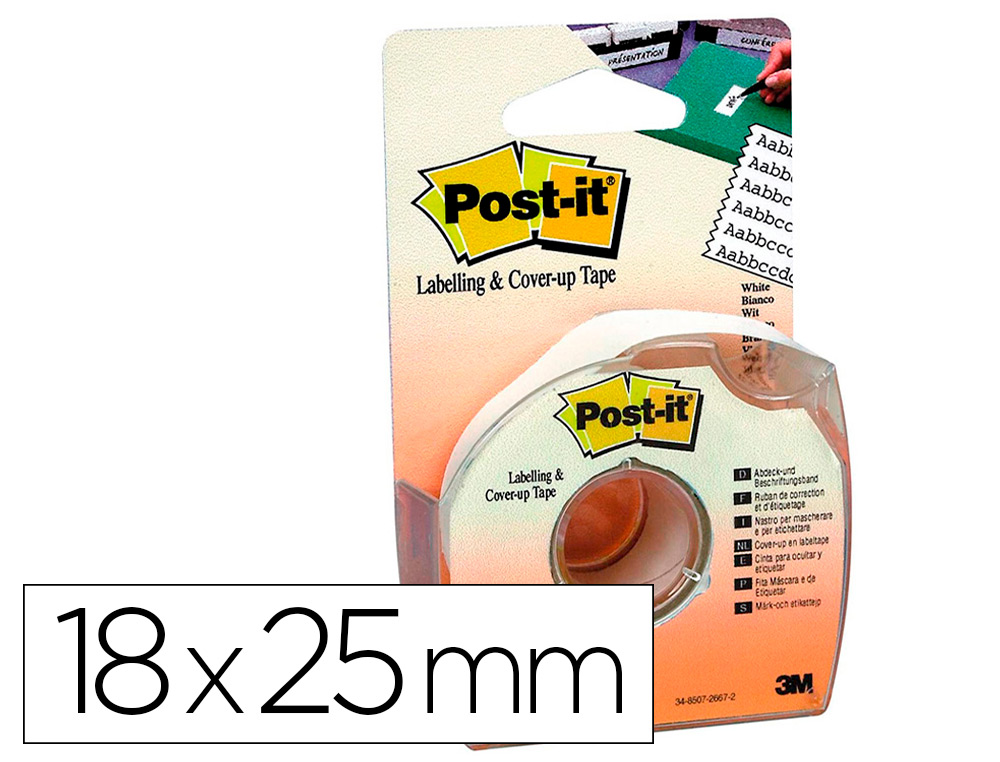 [159882] Cinta adhesiva post-it para ocultar y etiquetar 6 lineas 18 mt x 25 mm en portarrollo