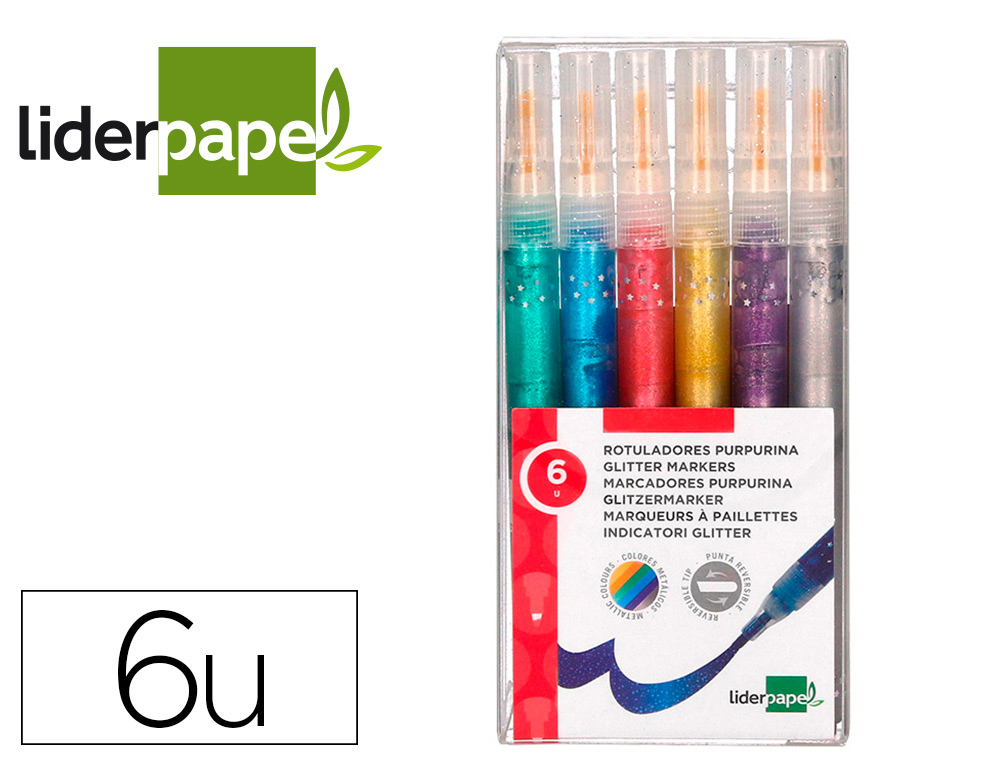 [163932] Rotulador liderpapel efecto purpurina metalizada punta reversible bolsa de 6 unidades colores surtidos