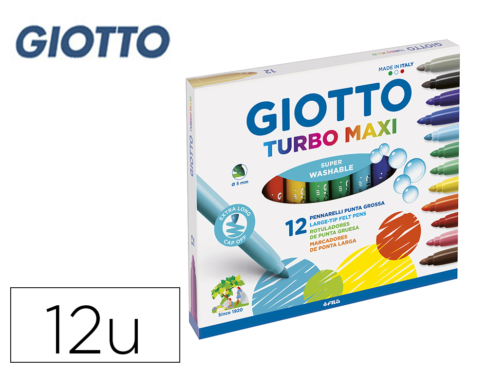 [28841] Rotulador giotto turbo maxi caja de 12 colores lavables con punta bloqueada