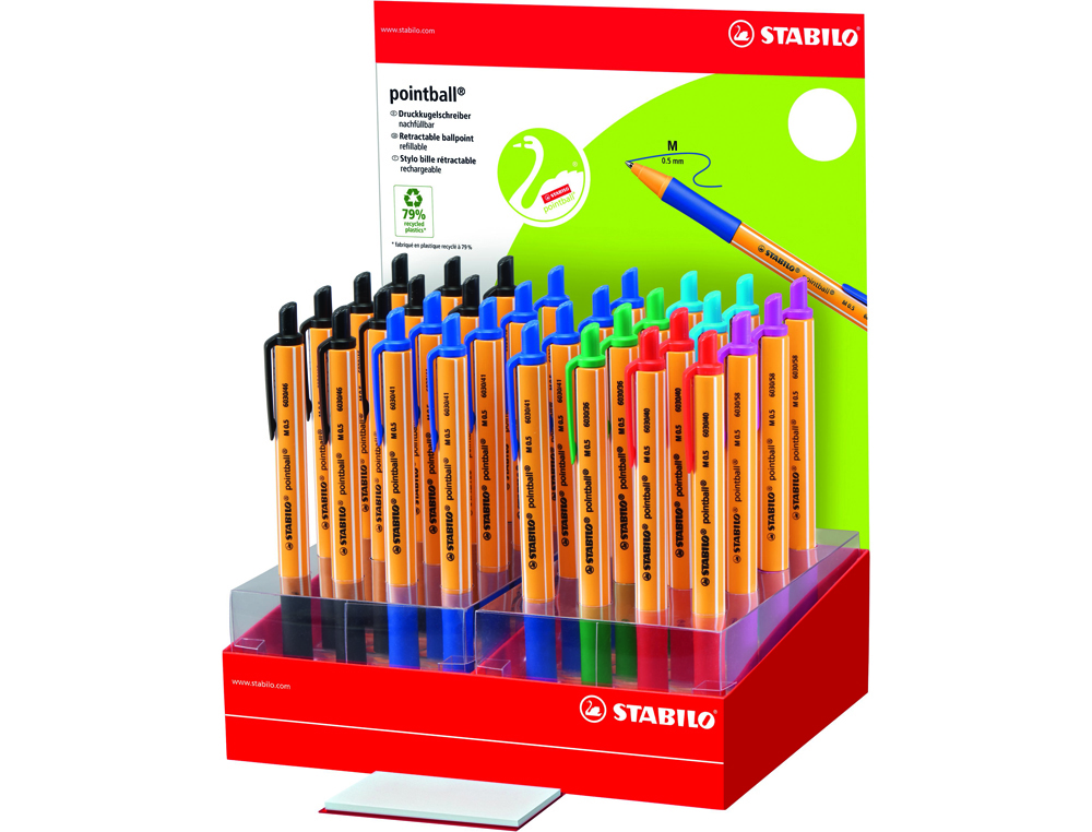 [170895] Boligrafo stabilo pointball retractil tinta aceite trazo 0,5 mm expositor de 32 unidades colores surtidos