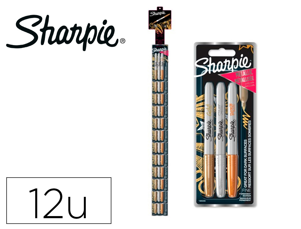 [169707] Rotulador sharpie permanente fino metalico blister de 3 unidades oro/plata/bronce clipstrip de 12 blister