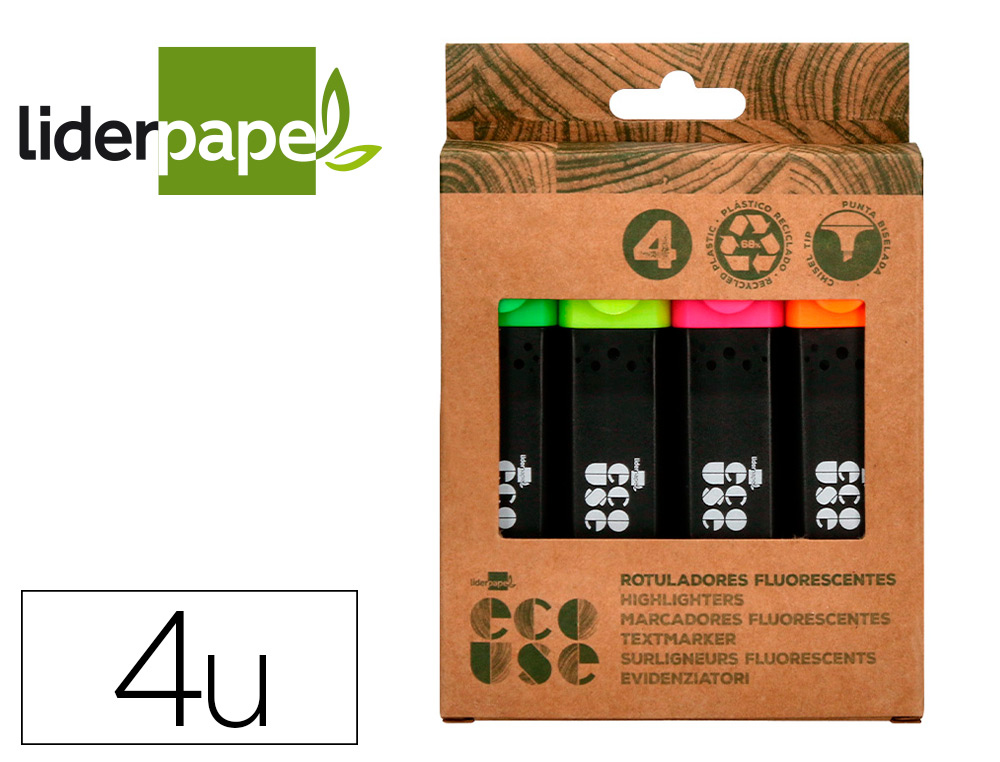 [166140] Rotulador liderpapel ecouse fluorescente fabricado con 68% plastico reciclado caja de 4 unidades colores surtidos