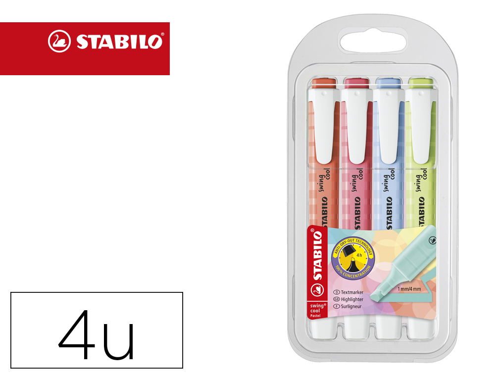[165026] Rotulador stabilo fluorescente fino swing cool pastel estuche de 4 unidades colores surtidos