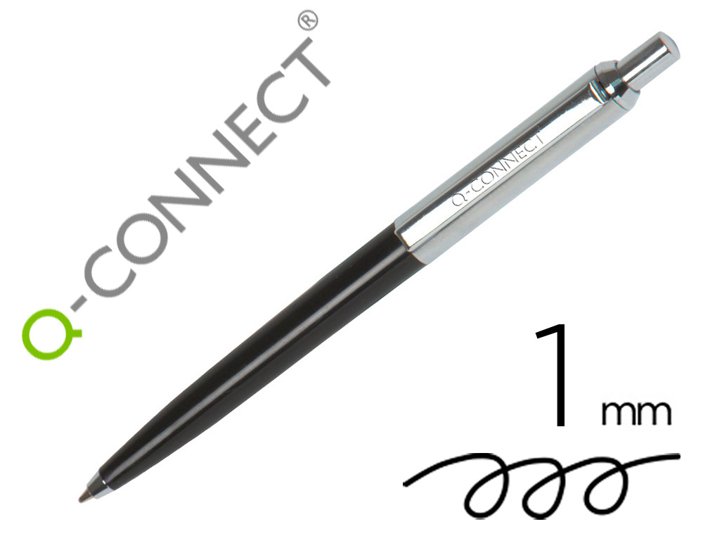 [164165] Boligrafo q-connect premium metalico retractil con clip color negro punta 1 mm