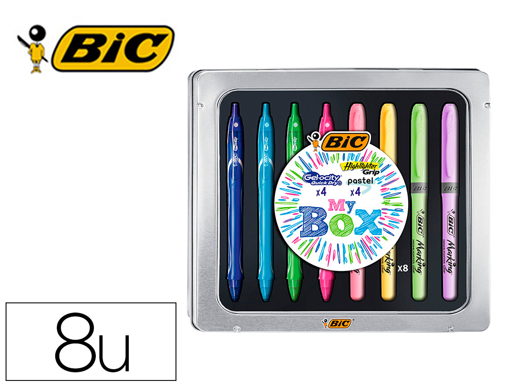 [163327] Set bic caja metalica 4 gelocity quick dry colores surtidos + 4 fluorescentes grip colores pastel surtidos