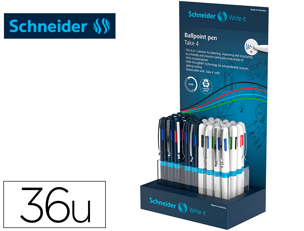 [162916] Boligrafo schneider take 4 reciclado 92% cuatro colores expositor de 36 unidades 160x100x305 mm