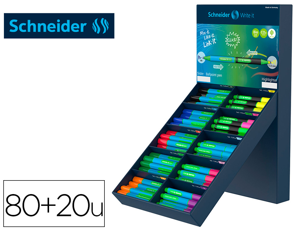 [162915] Boligrafo schneider slider caucho triangular 85% bioplastico exp. 80 unidades surtidas + 20 fluorescentes