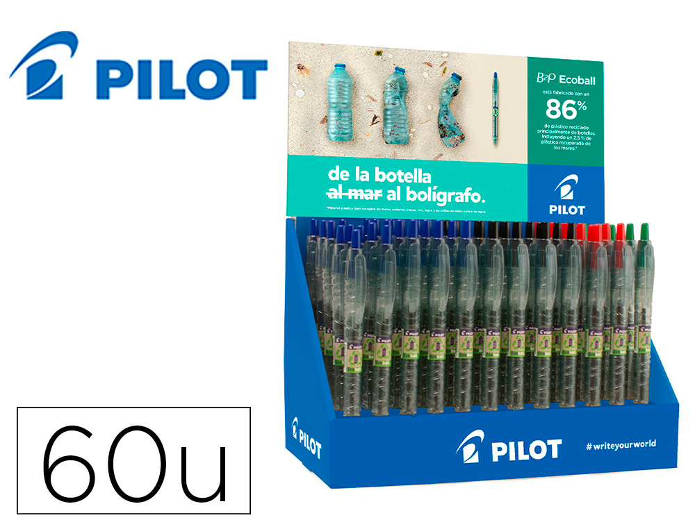 [162190] Boligrafo pilot ecoball plastico reciclado expositor de 60 unidades colores surtidos + 10 boligrafos