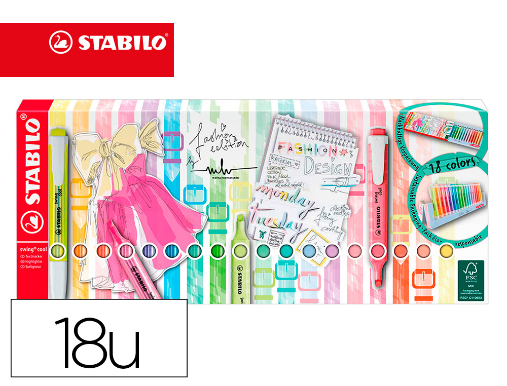 [161923] Rotulador stabilo fluorescente fino swing cool pastel desket estuche de 18 unidades colores surtidos