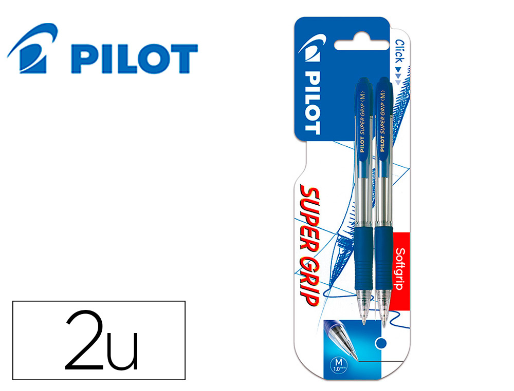 [161347] Boligrafo pilot super grip azul retractil sujecion de caucho tinta base de aceite en blister de 2 unidades