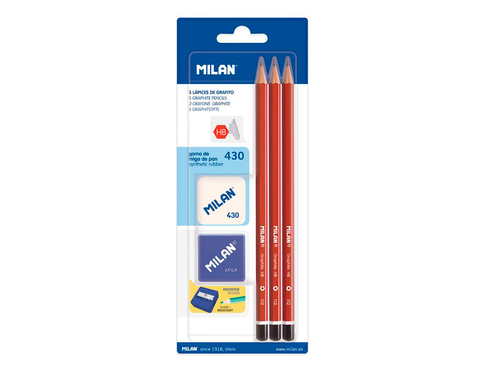 [161340] Lapices de grafito milan hexagonal hb + goma 430 + afilalapiz blister de 3 unidades