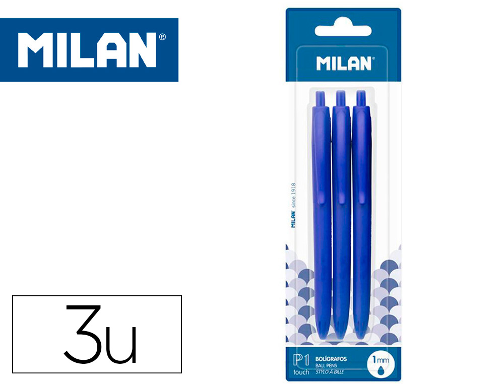 [161336] Boligrafo milan p1 retractil 1 mm touch azul blister de 3 unidades