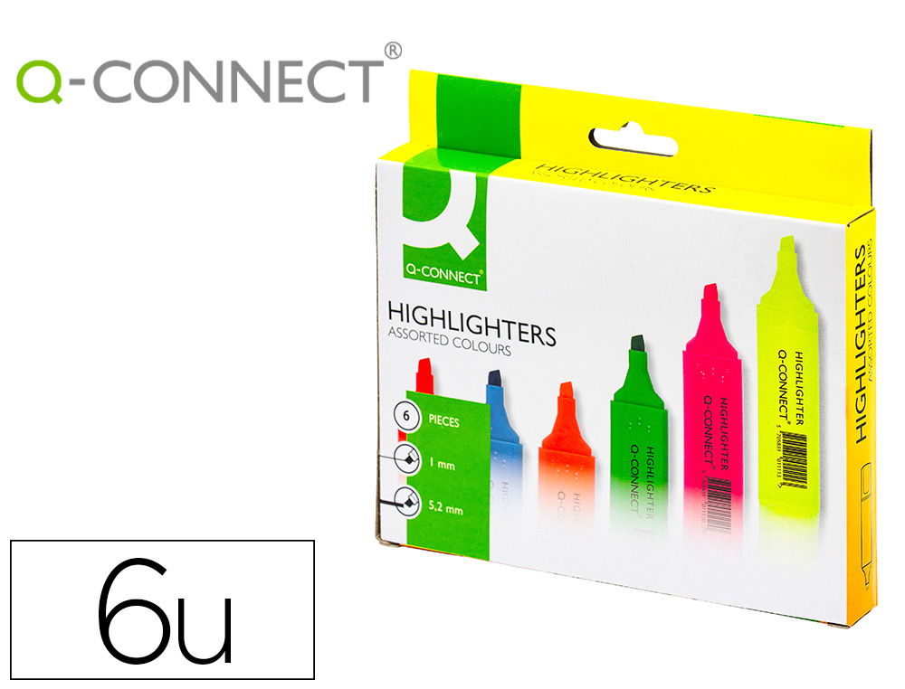 [77875] Rotulador q-connect fluorescente punta biselada caja de 6 unidades colores surtidos