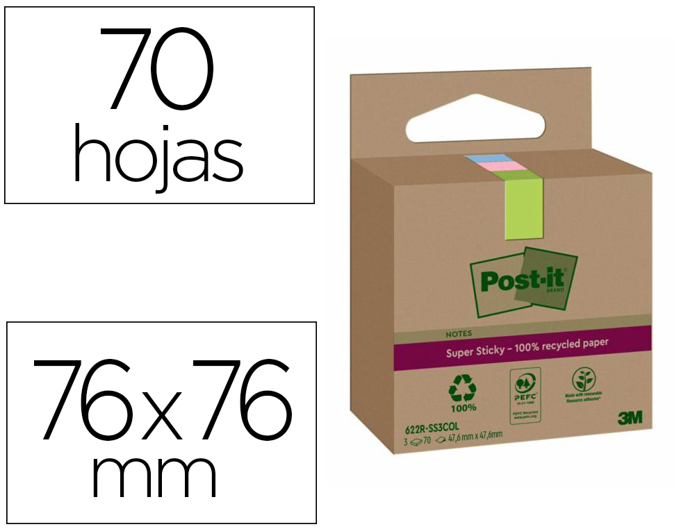[167268] Bloc de notas adhesivas quita y pon post-it super sticky 76x76 mm 70 hojas recicladas paquete de 3 unidades colores