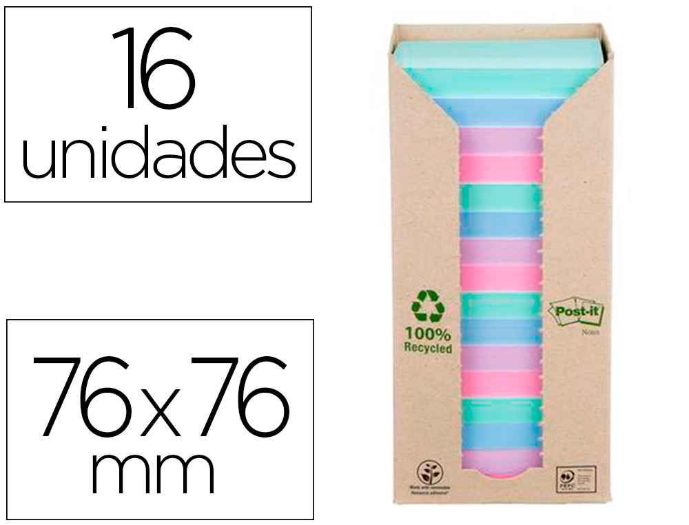 [166588] Bloc de notas adhesivas quita y pon post-it 76x76 mm 100% reciclado pefc en torre pack de 16 unidades colores