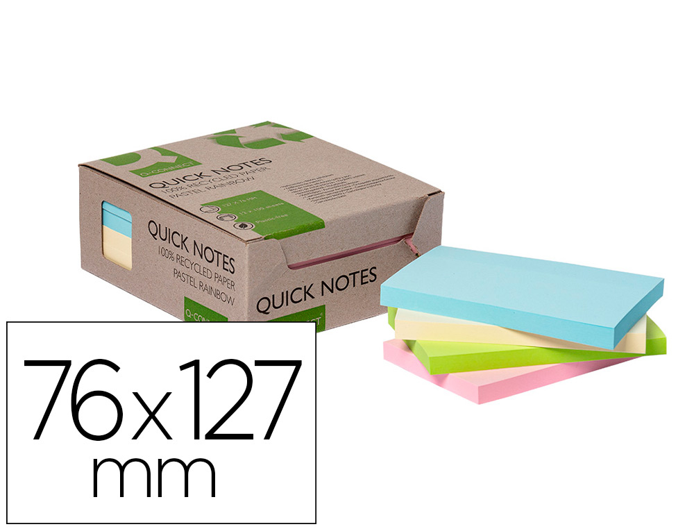 [166211] Bloc de notas adhesivas quita y pon q-connect 76x127 mm 100% papel reciclado colores pasteles en caja de carton