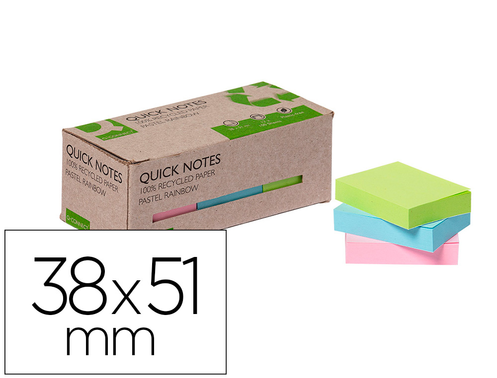 [166209] Bloc de notas adhesivas quita y pon q-connect 38x51 mm 100% papel reciclado colores pasteles en caja de carton