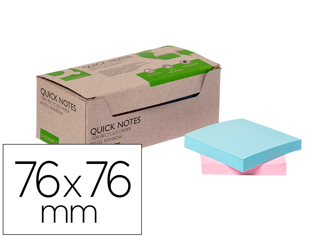 [166208] Bloc de notas adhesivas quita y pon q-connect 76x76 mm 100% papel reciclado colores pasteles en caja de carton