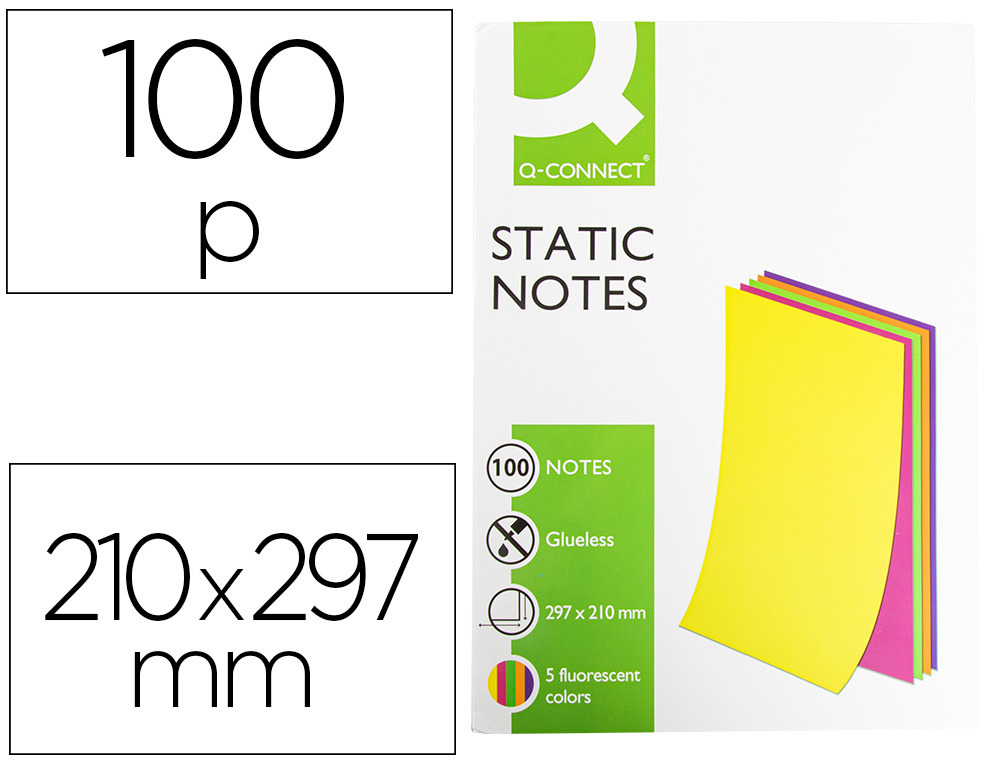 [155149] Bloc de notas electrostaticas quita y pon q-connect 210x297mm 100 hojas 5 colores fluorescentes