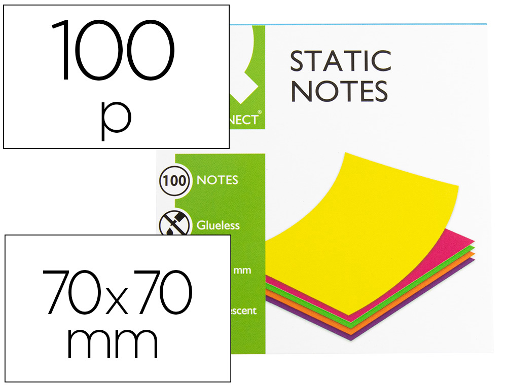 [155147] Bloc de notas electrostaticas quita y pon q-connect 70x70 mm 100 hojas 5 colores fluorescentes