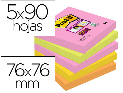[75598] Bloc de notas adhesivas quita y pon post-it super sticky 76x76 mm con 90 hojas pack de 5 bloc colores surtidos
