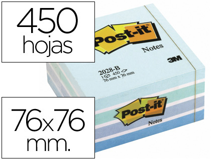 [46771] Bloc de notas adhesivas quita y pon post-it 76x76 mm cubo color azul pastel 450 hojas
