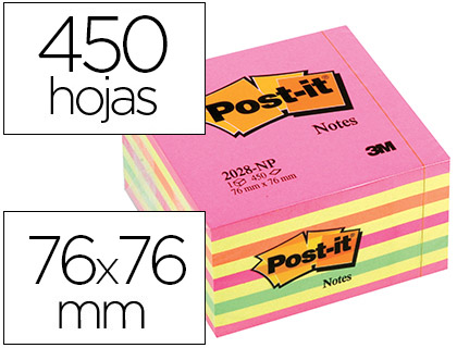 [46770] Bloc de notas adhesivas quita y pon post-it 76x76 mm cubo color rosa neon 450 hojas