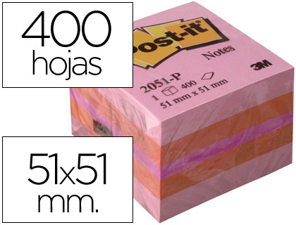 [39335] Bloc de notas adhesivas quita y pon post-it 51x51 mm minicubo color rosa 2051-p 400 hojas
