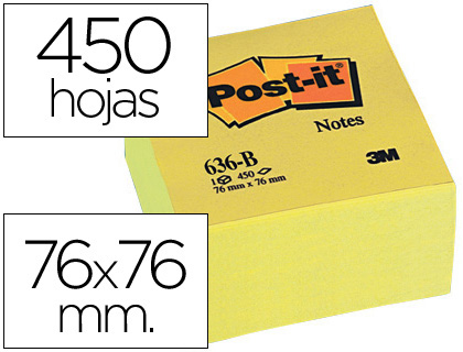[29379] Bloc de notas adhesivas quita y pon post-it 76x76x45 mm cubo color amarillo 450 hojas