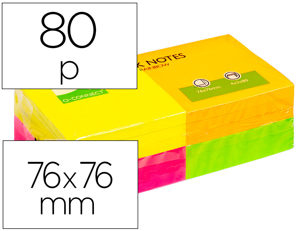 [28603] Bloc de notas adhesivas quita y pon q-connect 76x76 mm con 80 hojas fluorescentes pack de 12 surtidas en 4 colores