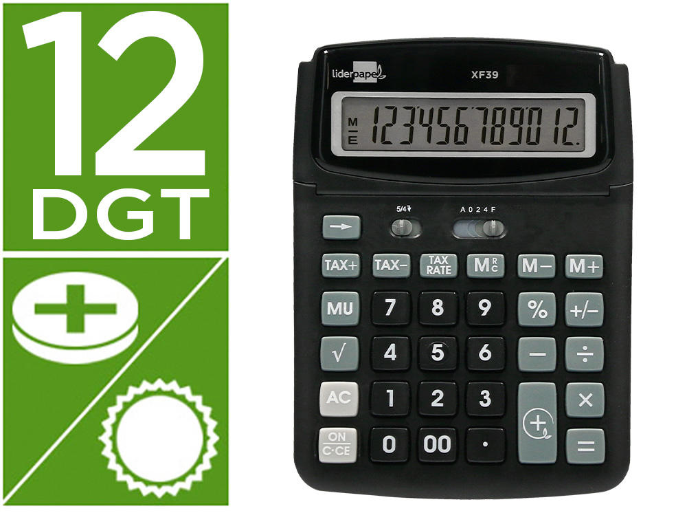 [166791] Calculadora liderpapel sobremesa xf39 12 digitos solar y pilas color negro 190x140x32 mm 40% reciclada