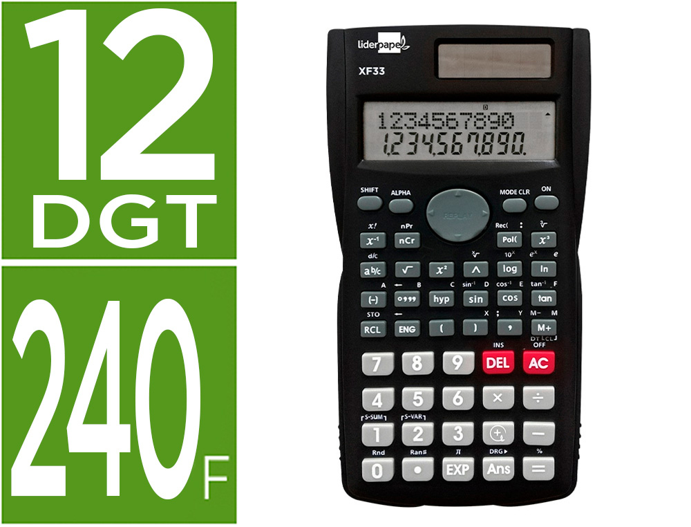 [163498] Calculadora liderpapel cientifica xf33 12 digitos 240 funciones con tapa solar y pilas color negro 156x85x20