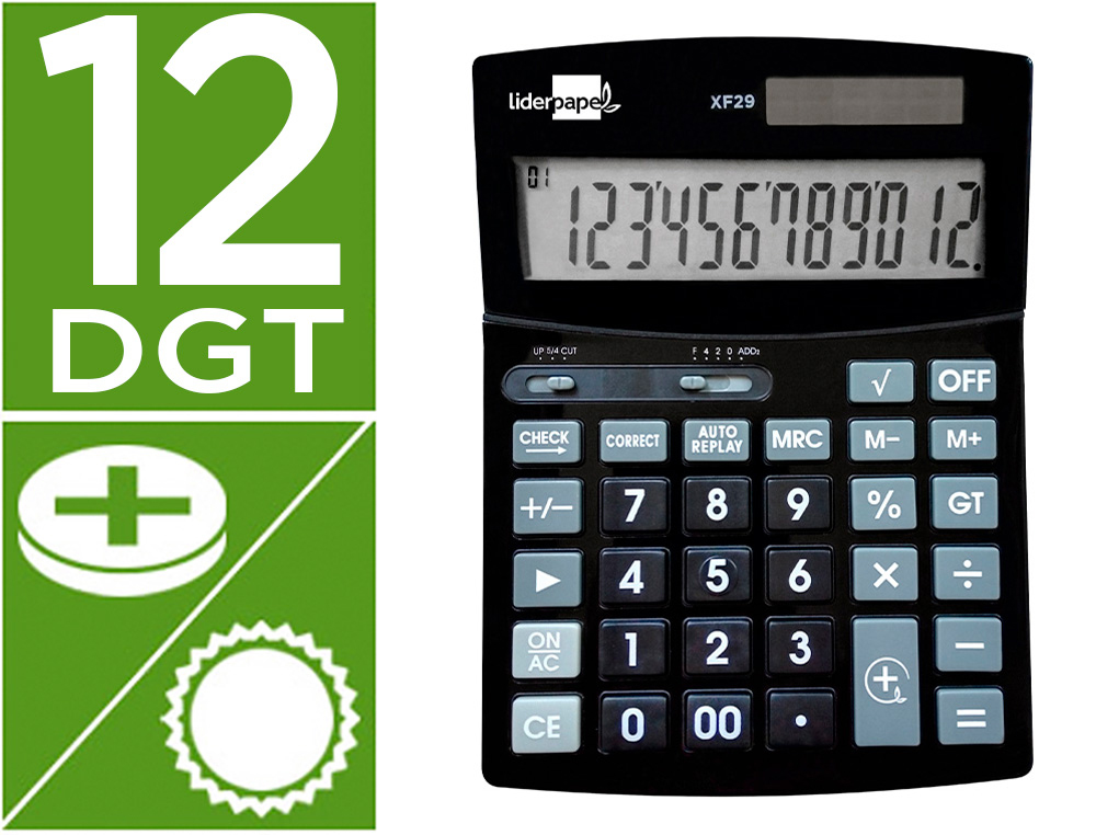 [163494] Calculadora liderpapel sobremesa xf29 12 digitos solar y pilas color negro 190x140x30 mm
